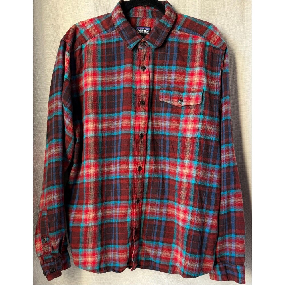 Patagonia Organic Cotton Flannel Shirt Mens Large Red Blue Plaid Button Up